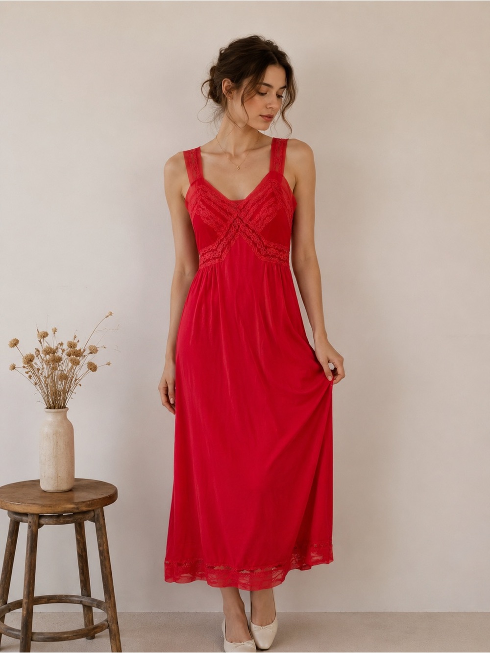 Vintage Red Lace Slip Dress Sheer Mesh Nightgown Maxi Romantic Lingerie